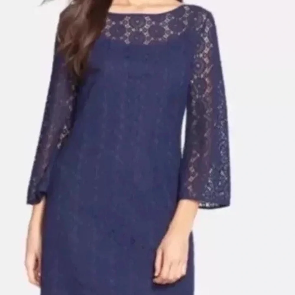 Lilly Pulitzer Topanga True Navy Blue Breakers Lace Dress Medium Bell Sleeves - Picture 4 of 13